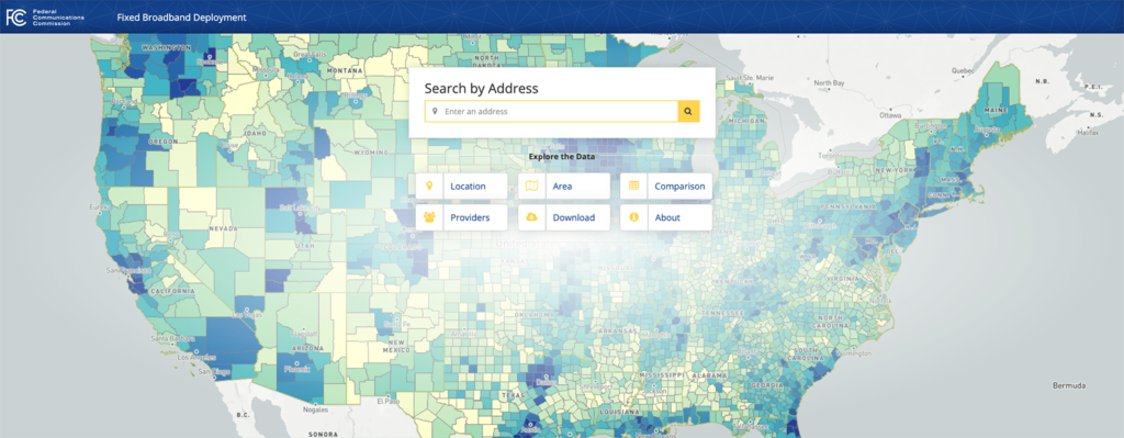 Map of the US showing the FCC's broadband speed search homepage