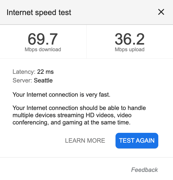 Google Speed Test Results (fast connection)